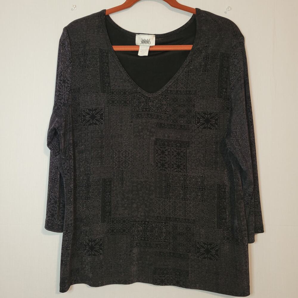 Vintage 3/4 Sleeve V-neck Patchwork Print Top sz 2X Black Travel Grunge 90s USA